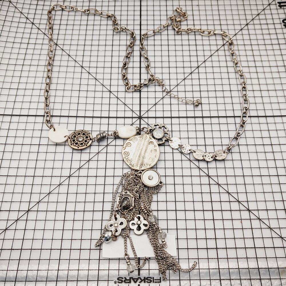 Necklace VTG Chain Silver Tone White Bead Tassel Charm Boho Statement 30in Bib